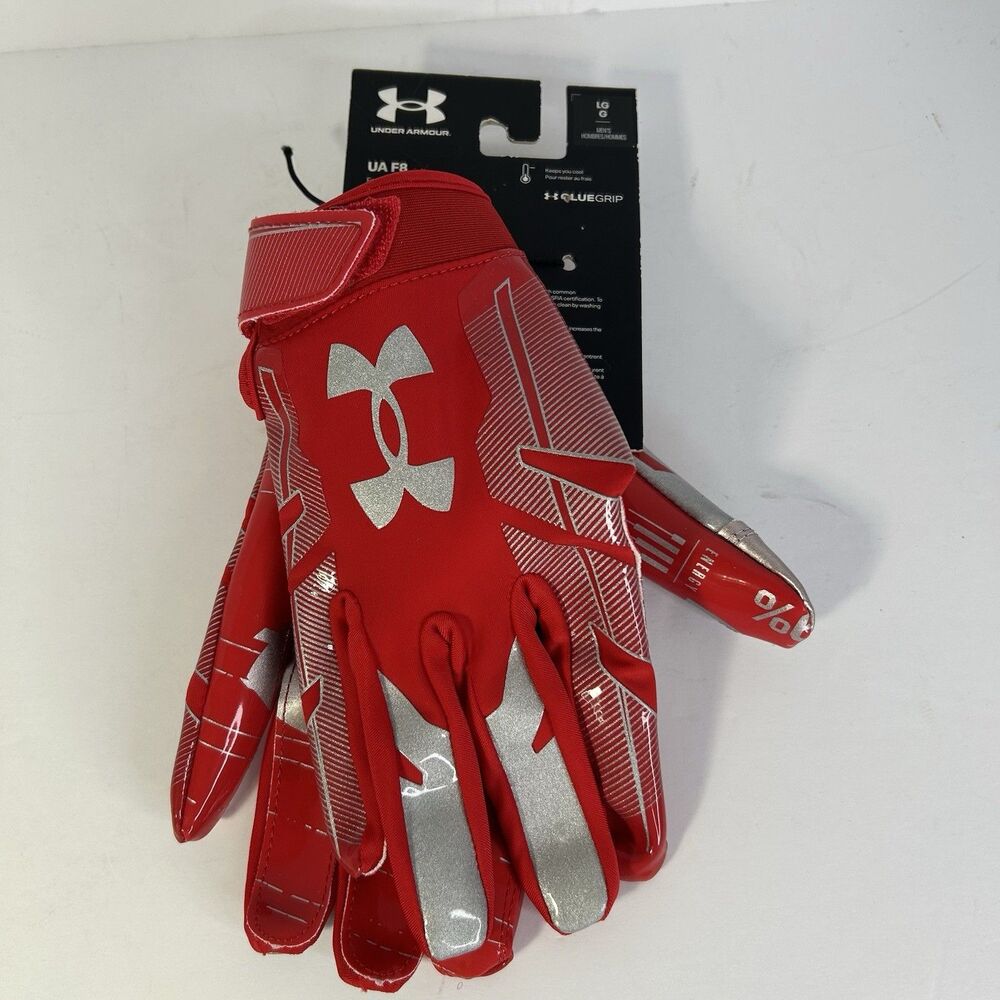 Under Armour UA F8 Football Gloves Size Large Red/Silver GlueGrip New